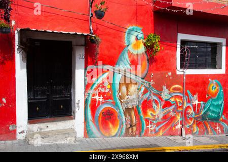 Murale, Street Art colorata, Avenue Hidalgo, Atlixco, Pueblos Magicos, stato di Puebla, Messico, Nord America Foto Stock