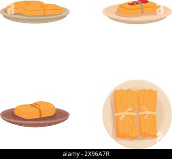 Set di quattro illustrazioni colorate di diversi spicchi di formaggio su piatti, isolati su sfondo bianco Illustrazione Vettoriale