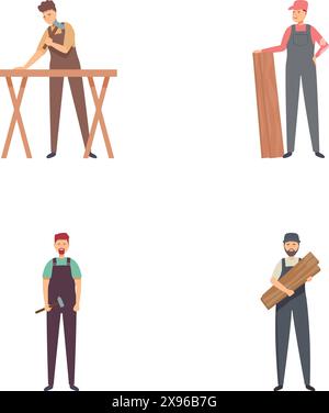 Collezione di quattro carpentieri maschi illustrati in varie pose con utensili e materiali per la lavorazione del legno Illustrazione Vettoriale