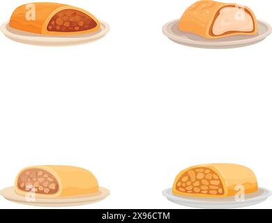 Icone del pane assortito per panetteria, menu culinario e design con illustrazione vettoriale di vari tipi di pane, come baguette, pane, affettato, integrale, artigianale, e molto altro ancora Illustrazione Vettoriale