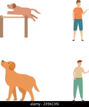 Collezione di illustrazioni vettoriali con un uomo e un cane in varie pose, adatte a diversi scopi di progettazione Illustrazione Vettoriale