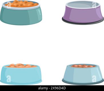 Quattro ciotole per animali, due vuote e due piene di cibo, isolate su sfondo bianco Illustrazione Vettoriale