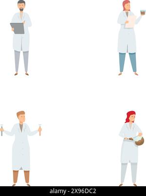 Set di quattro professionisti medici e scienziati con attrezzature, che mostrano la diversità Illustrazione Vettoriale