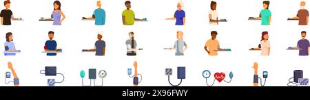 Icone di misurazione della pressione sanguigna Imposta vettore. Una collezione di persone con vari dispositivi medici. Le persone indossano camicie di colori diversi e si trovano in posizioni diverse. I dispositivi medici includono un misuratore della pressione sanguigna Illustrazione Vettoriale