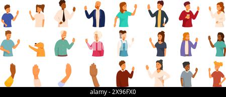 Assegnando cinque icone alte al vettore impostato. Un gruppo di persone sta salutando la telecamera. Le persone sono di età e razza diverse. Alcuni indossano delle lacci e altri no. Le persone sono tutte in fila Illustrazione Vettoriale