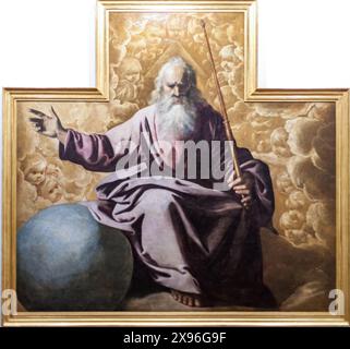 Eterno padre raffigurato con uno scettro e globo, circondato da nuvole e cherubini, creato da Francisco de Zurbaran nel 1634. Foto Stock