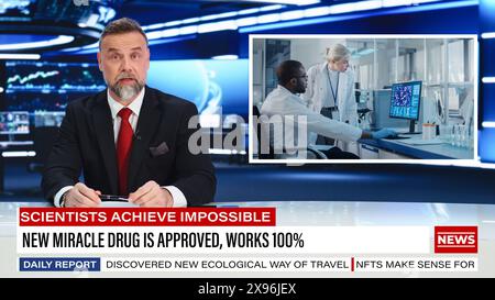 Split Screen TV News Live Report: Male Anchor Talks: Reporting su Medicina efficace approvata di recente. Newscaster sta annunciando il metodo di trattamento moderno per virus. Canale del programma televisivo. Foto Stock