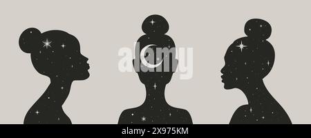 Profili astratti delle donne celesti in stile boho. Silhouette femminili decorate con mezzaluna e stelle. Illustrazione vettoriale Illustrazione Vettoriale