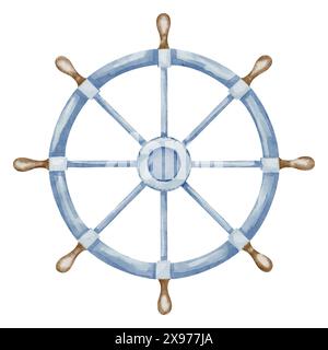 Illustrazione ad acquerello del volante. Disegno di Helm dalla nave pirata in colori blu pastello e beige su sfondo isolato. Schizzo di elemento in legno per la navigazione in design nautico. Per icona. Foto Stock