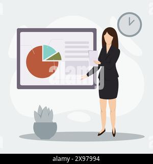 Una giovane donna d'affari riferirà sul lavoro, le finanze e il reddito. Illustrazione piatta vettoriale del concetto aziendale Illustrazione Vettoriale