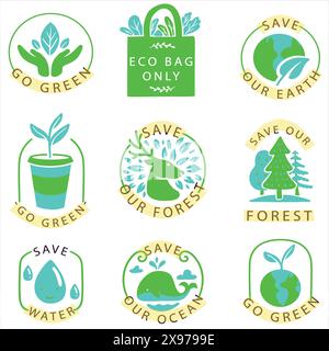 collezione di icone ecologiche slogan come salvare la terra, risparmiare l'acqua nella foresta, utilizzare eco bag e illustrazioni verdi su sfondo bianco Illustrazione Vettoriale