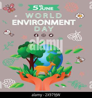 giornata mondiale dell'ambiente - cura delle mani l'ambiente sulla terra è costituito da acqua, albero, montagne e design vettoriale degli animali Illustrazione Vettoriale