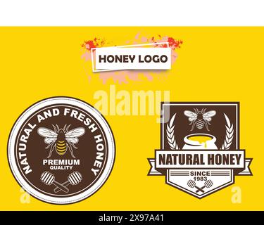 Set di logo Gold Honey Vector: Perfetto per il branding di aziende di apicoltura, prodotti alimentari di alta qualità e cura della pelle ecocompatibile Illustrazione Vettoriale