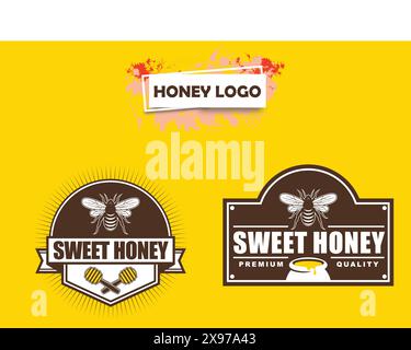 Set di logo Gold Honey Vector: Perfetto per il branding di aziende di apicoltura, prodotti alimentari di alta qualità e cura della pelle ecocompatibile Illustrazione Vettoriale