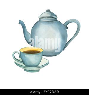 Bollitore da cucina, tazza da tè in porcellana blu. Tutti gli oggetti sono dipinti ad acquerello. Illustrazione acquerello isolata su sfondo bianco. Foto Stock