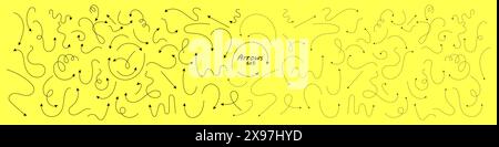 Grande serie di frecce disegnate a mano con linee sottili e linee tratteggiate. Raccolta di puntatori vettoriali curvi neri che puntano in direzioni diverse. Design semplice Illustrazione Vettoriale