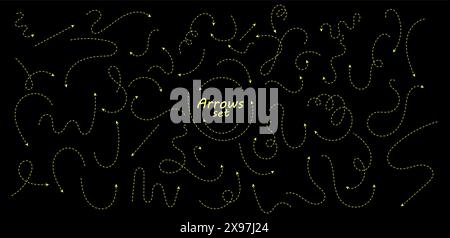 Serie di frecce tratteggiate sottili disegnate a mano. Raccolta di puntatori curvi. Puntatori vettoriali a punti gialli che puntano in direzioni diverse. Design semplice Illustrazione Vettoriale