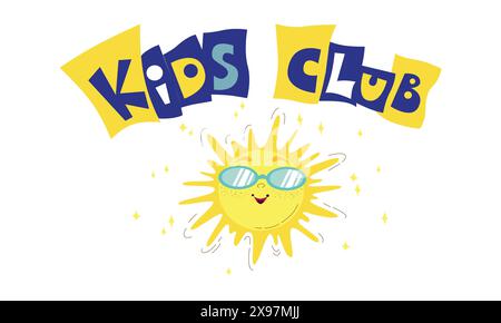 Club bambini Vector cute emblema. Carattere lucido colorato. Frase per bambini con illustrazioni piatte con simpatici bambini su sfondo bianco. Illustrazione Vettoriale