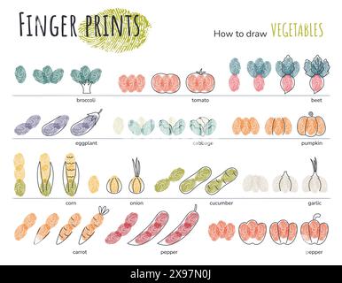 Impronta digitale Art Come disegnare le verdure. Illustrazione Vettoriale