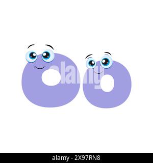 La lettera O. graziosa lettera viola o Cartoon personaggio con occhi carini. Simbolo dell'alfabeto dei bambini isolato su sfondo bianco. Illustrazione vettoriale. Illustrazione Vettoriale