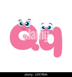 Carino personaggio carino rosa con lettera Q Cartoon e occhi carini. Alfabeto fumetto colorato. Lettera Q rosa isolata su sfondo bianco. Illustrazione Vettoriale
