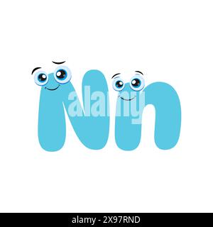 Graziosa lettera N con occhio in stile fumetto illustrazione per bambini. Illustrazione in stile cartone animato. Simbolo dell'alfabeto dei bambini isolato su sfondo bianco. Illustrazione Vettoriale