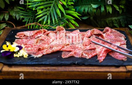 Una porzione del prosciutto stagionato iberico della migliore qualità Foto Stock