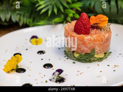 Eccellente piatto alla tartare di salmone Foto Stock