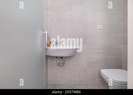 Bagno con porta in vetro traslucido, WC in porcellana bianca, grandi piastrelle grigie e specchio senza cornice sulla parete Foto Stock