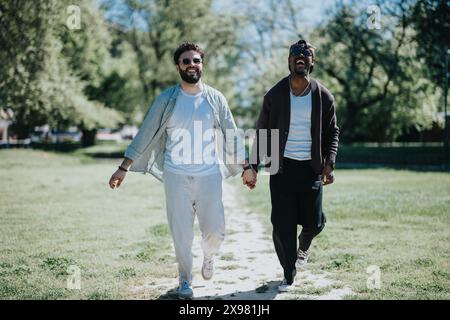 Gioiosa coppia gay multirazziale che si tiene per mano e cammina nel parco Foto Stock