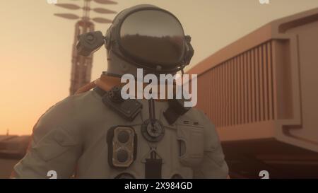 Astronauta sulla superficie di Marte. Concetto di colonizzazione su Marte. illustrazione 3d. Foto Stock