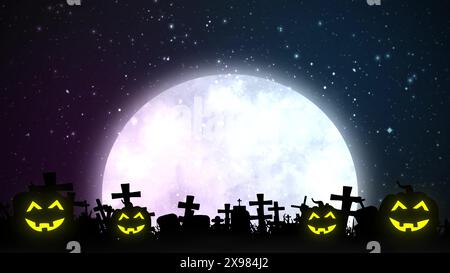 Animazione di sfondo di Halloween con luna grande e zucche spaventose. Notte spaventosa di Halloween. illustrazione 3d. Foto Stock