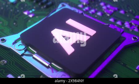 Processore CPU che avvia la digitalizzazione dell'intelligenza artificiale dell'elaborazione delle informazioni sui dati. Concetto di CPU dei processori per computer centrali. illustrazione 3d. Foto Stock