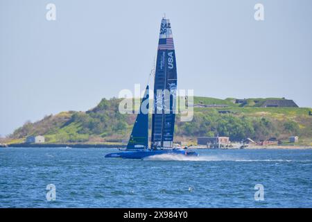 Halifax, nuova Scozia, Canada. 29 maggio 2024. Barche nel porto preparate per la gara inaugurale di Halifax SailGP che si terrà questo fine settimana La barca SAILGP USA in allenamento. Crediti: Meanderingemu/Alamy Live News Foto Stock