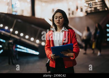 Giovane donna professionale che esamina documenti all'aperto di notte Foto Stock