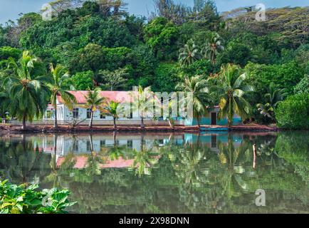 Vista di una casa con palme riflesse nell'acqua sull'isola di Tahaa'a, Polinesia francese Foto Stock