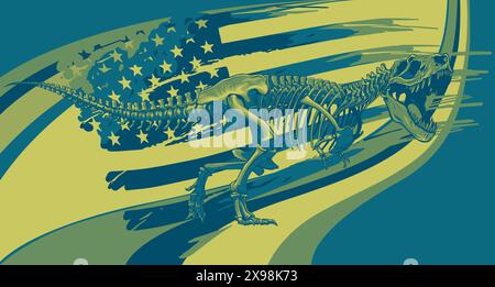 Illustrazione vettoriale dello scheletro tirannosauro T rex con bandiera americana Illustrazione Vettoriale