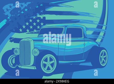 illustrazione vettoriale di hot rod con bandiera americana Illustrazione Vettoriale