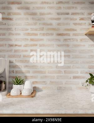 Un'immagine ravvicinata di uno spazio per esporre i prodotti su un piano da cucina in marmo, con un vassoio per tazze, una macchina per espresso e piante in vaso contro t Foto Stock