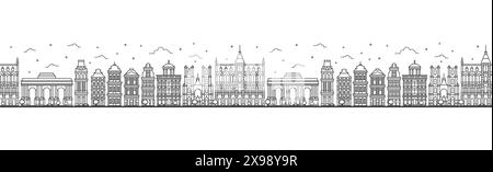 Motivo senza cuciture con contorno dello skyline di Bruxelles e Belgio. Edifici storici isolati su White. Illustrazione vettoriale. Paesaggio urbano di Bruxelles. Illustrazione Vettoriale