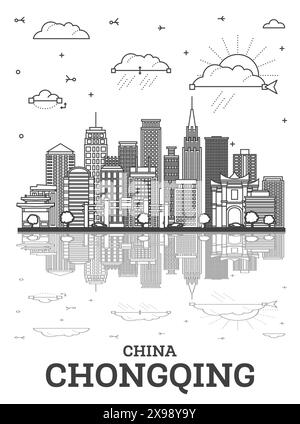 Delinea lo skyline di Chongqing China City con edifici moderni e riflessioni isolati su bianco. Illustrazione vettoriale. Paesaggio urbano di Chongqing con monumenti storici. Illustrazione Vettoriale