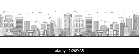 Motivo senza cuciture con contorno dello skyline di Birmingham, Alabama City. Edifici moderni isolati su White. Illustrazione vettoriale. Birmingham, Stati Uniti d'America. Illustrazione Vettoriale