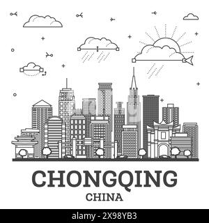 Delinea lo skyline di Chongqing China City con edifici moderni e storici isolati su bianco. Illustrazione vettoriale. Paesaggio urbano di Chongqing con monumenti storici. Illustrazione Vettoriale