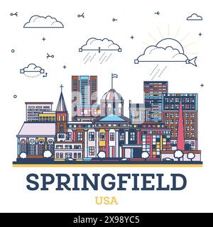 Delinea lo skyline di Springfield, Illinois City, con edifici colorati moderni e storici isolati su bianco. Illustrazione vettoriale. Springfield USA Cityscape. Illustrazione Vettoriale