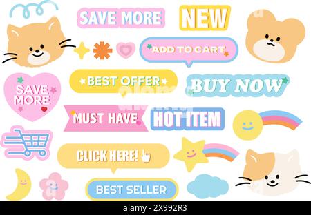 Illustrazione di simpatiche icone di vendita come risparmia di più, nuovo, aggiungi al carrello, migliore offerta, acquista ora, must have, hot item, clicca qui, best seller per lo shopping Illustrazione Vettoriale