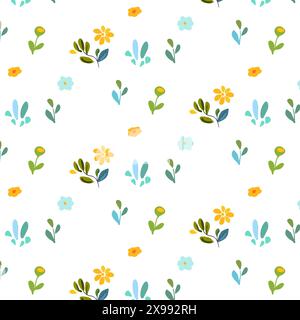 Stampa. Illustrazione vettoriale motivo senza mare caratterizzato da fiori semplici e luminosi e piante in stile folk art su sfondo bianco. Ideale per tessuti, carte da parati e design primaverili. Incorpora colori vivaci e motivi tradizionali Illustrazione Vettoriale