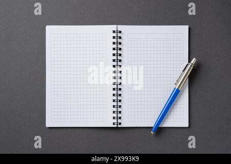 Quaderno a scacchi e a spirale su un tavolo grigio scuro con una penna a sfera accanto Foto Stock