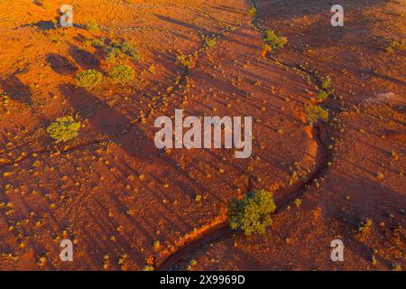 Vista aerea di un letto asciutto di un torrente che attraversa un arido paesaggio dell'entroterra a Broken Hill nell'Outback New South Wales, Australia Foto Stock