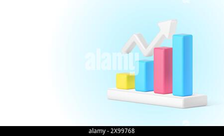 Grafico a barre di analisi dei dati statistiche aziendali dinamiche con freccia verso l'alto aumentano l'icona 3d illustrazione vettoriale realistica. Diagramma grafico risultati risultati analitici Illustrazione Vettoriale