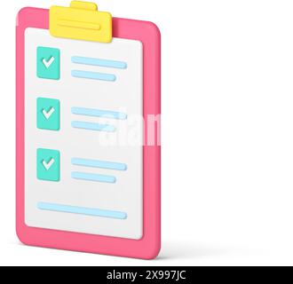 Elenco di controllo con casella di controllo modulo di riempimento appunti che esamina l'icona 3d del documento illustrazione vettoriale realistica. Spuntare la pagina cartacea che termina il questionario di voto Illustrazione Vettoriale